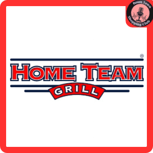 The image shows the logo for "Home Team Grill - Fan-Richmond $15 Gift Card." The text "Home Team" is in red, outlined in blue, and "Grill" is in white within a red banner below. The logo features a red square border, with a small black "Boom Town Shopping Club" seal in the top right corner.
