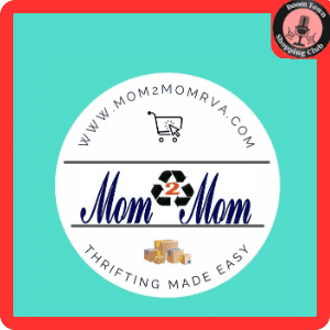 The image displays the logo for "Mom 2 Mom $50 gift certificate," featuring a stylized text with a recycling symbol in place of the letter "o" in "Mom." The slogan "Thrifting Made Easy" is beneath it, along with an illustration of a shopping cart, in front of a turquoise background.