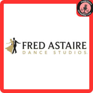 Logo of Fred Astaire Dance Studios featuring a silhouette of a dancing couple and the studio's name in bold text, set against a white background bordered by a red frame. Fred Astaire Dance Studios $250 gift certificates