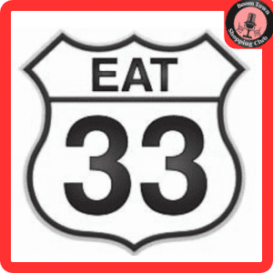 A graphic resembling a road sign, designed with a white shield outline and red border, featuring the text "Eat 33 Diner - Richmond $12 Gift Certificate" on top and the number "33" in the center.