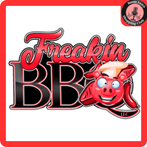 Logo of "Freakin BBQ" featuring a cartoon pig with a happy expression, wearing a chef's hat, set against a stylized red and black script on a white background with a red border.