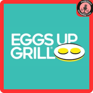 Logo of "Eggs Up Grill - Richmond $15 Dining Certificate," featuring the restaurant's name in white bold letters on a turquoise background, accompanied by a stylized image of two sunny-side-up eggs.