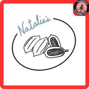 Logo of "Natalie's Taste of Lebanon $25 gift certificate" featuring a hand-drawn illustration of three seed pods, one of which is open showing the seeds inside. The background is white, and the image is framed by a red border. There is also a round black emblem saying "Boom Town Shoplifting Club.