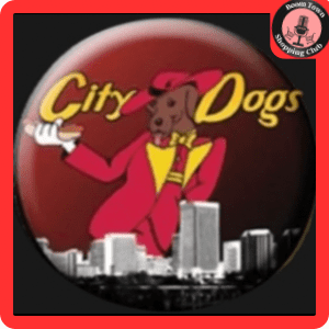 A logo featuring a cartoonish dog wearing a red suit and pointing towards a city skyline. the text "City Dogs- Richmond $10 Gift Certificate" is displayed prominently in a playful font.