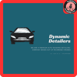 A promotional graphic for Dynamic Detailers- Richmond $20 Gift Certificate, featuring a silhouette of a car on a teal background, with text stating they are a premium auto washing company in Richmond, Virginia.