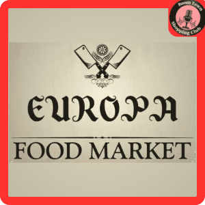 Logo of Europa Market $5 gift certificate featuring ornate black lettering on a beige background with a crest comprising a double-headed eagle at the top.