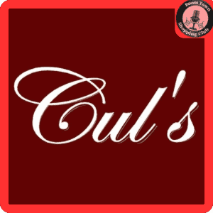 A square image with a deep red background featuring the cul's courthouse grille $10 gift card written in elegant, white cursive script. a small crest is visible in the upper right corner.