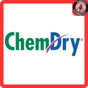 Logo of Chem Dry Of Richmond featuring bold green, white, and blue lettering with a purple graphic element above the "m" and "d" on a white background, framed in red.