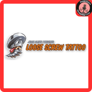 A logo for "Loose Screw Tattoo- Richmond $50 Gift Certificate" presented by Jesse Smith. The logo features a cartoon character of a screw with eyes, a tongue sticking out, and wearing a hat. The text is bold and orange, with a thin black outline. The background is white.