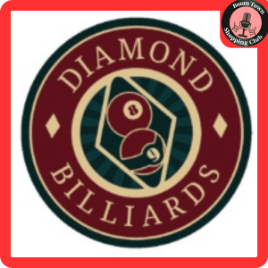 A circular logo of Diamond Billiards - Midlothian $10 Gift Certificate featuring stylized text around a central image depicting a white billiard ball with the number 9 and a red diamond design, set against a dark red and burgundy background.